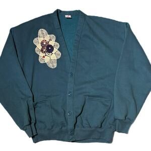 Vintage 90s teal green cardigan with lacey applique (fits most)